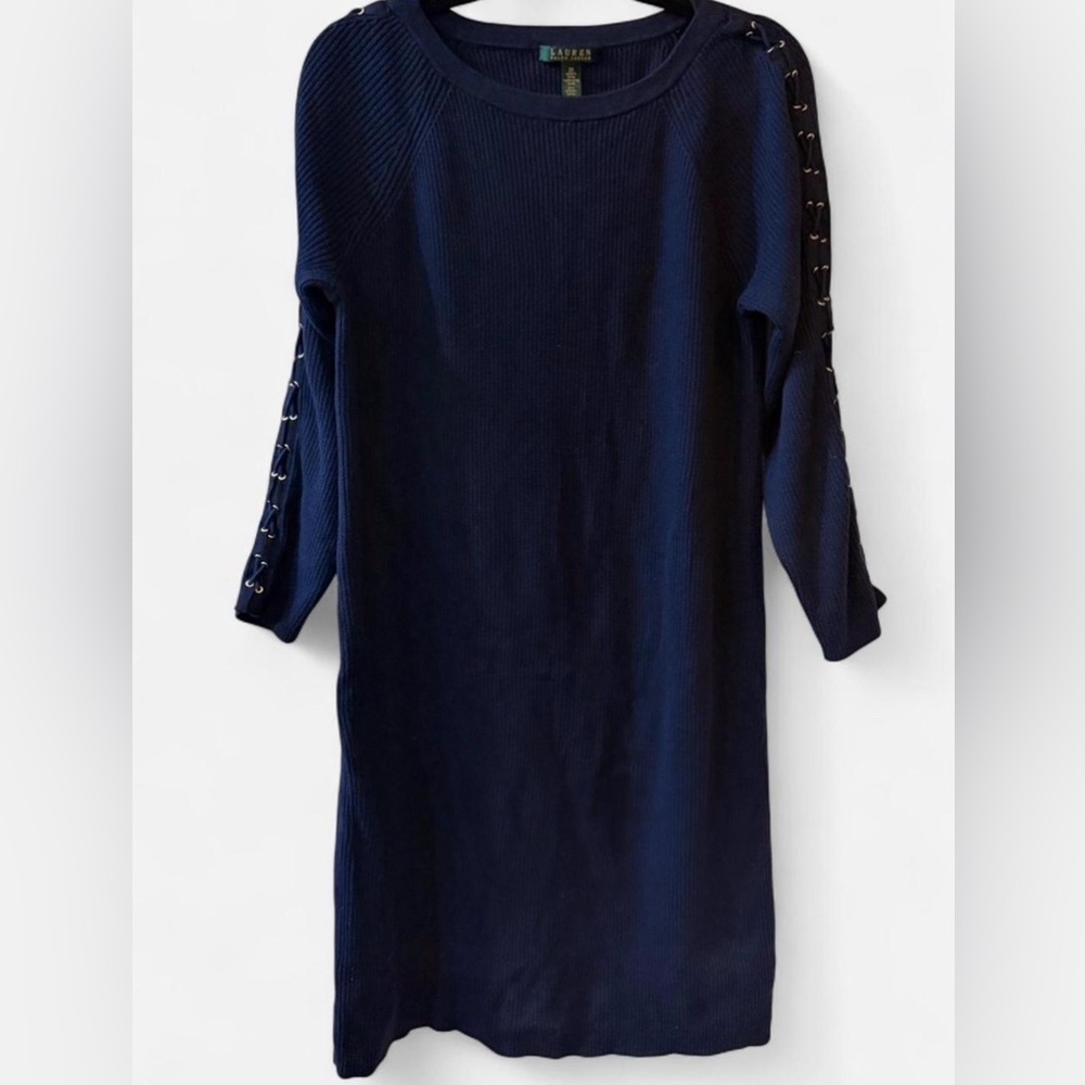 Lauren Ralph Lauren Navy Blue Ribbed Knit Lace-Up Sleeve Sweater Dress 2X
